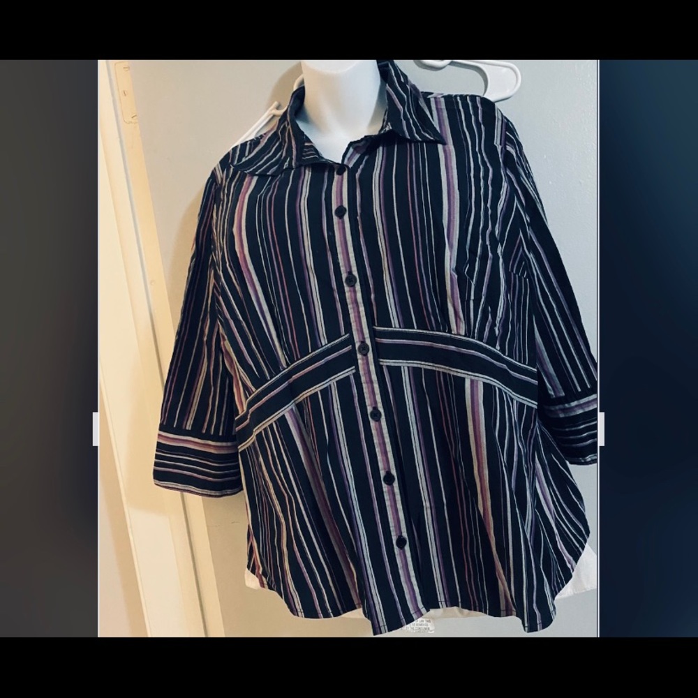 Lane Bryant purple/black pinstripe btn dn collar